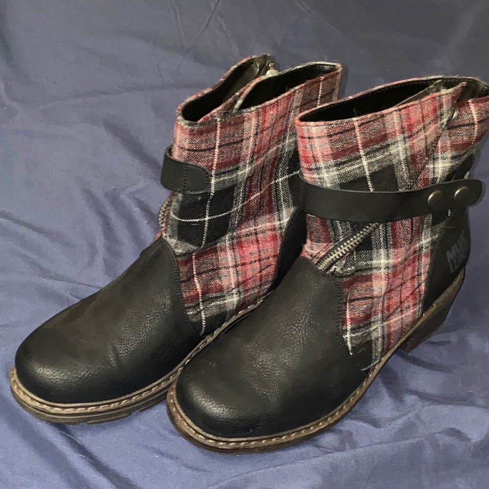 Muk Luks red plaid and black boots